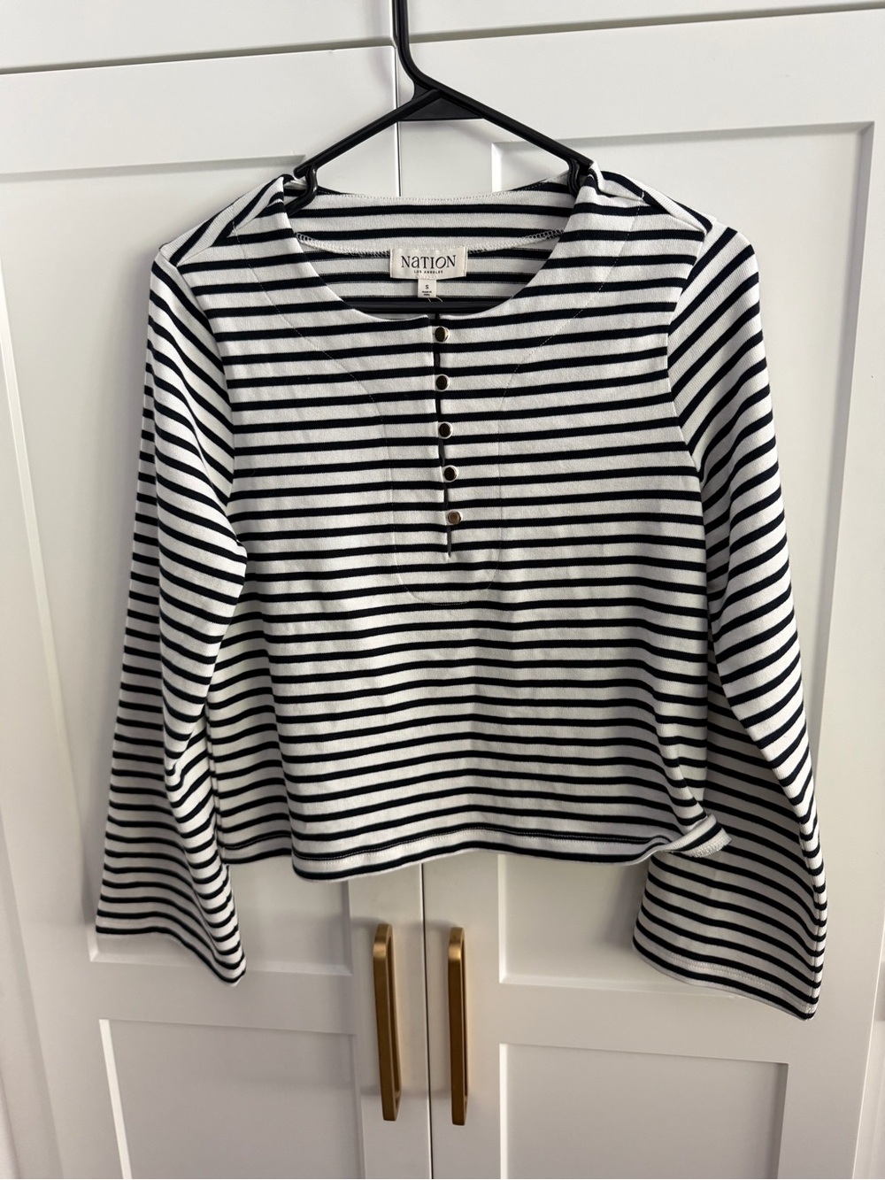 Nation LTD Black & White Striped Henley Top with Snap Placket Small
